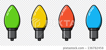 Modern bulbs. Colorful light bulbs. Colorful lights for decoration. Holiday ornaments set. Vector illustration 136782458