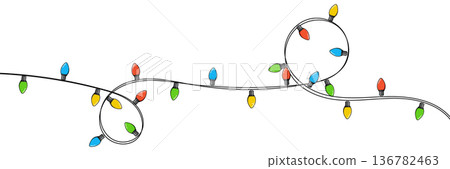 Cute bulbs on a string. Hanging light bulbs. Colorful light bulbs for decoration. Lights garland. Lights string decoration. Vector illustration Cute bulbs on a string. Hanging light bulbs. Colorful light bulbs for decoration. Lights garland. Lights string decoration. Vector illustration 136782463