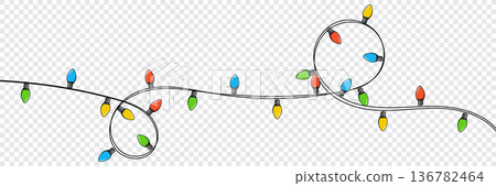 Cute bulbs on a string. Hanging light bulbs. Colorful light bulbs for decoration. Lights garland. Lights string decoration. Vector illustration 136782464