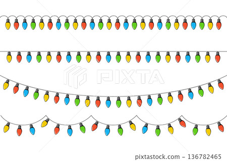 Set of bulbs on a string. Hanging light bulbs. Colorful light bulbs for decoration. Lights garland. Lights string decoration. Vector illustration 136782465