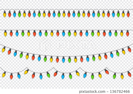 Set of bulbs on a string. Hanging light bulbs. Colorful light bulbs for decoration. Lights garland. Lights string decoration. Vector illustration Set of bulbs on a string. Hanging light bulbs. Colorful light bulbs for decoration. Lights garland. Lights string decoration. Vector illustration 136782466