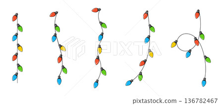 Set of bulbs on a string. Hanging light bulbs. Colorful light bulbs for decoration. Lights garland. Lights string decoration. Vector illustration 136782467