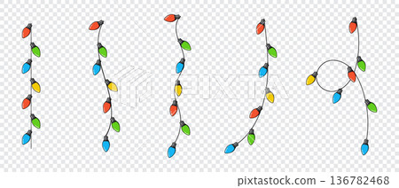 Set of bulbs on a string. Hanging light bulbs. Colorful light bulbs for decoration. Lights garland. Lights string decoration. Vector illustration Set of bulbs on a string. Hanging light bulbs. Colorful light bulbs for decoration. Lights garland. Lights string decoration. Vector illustration 136782468