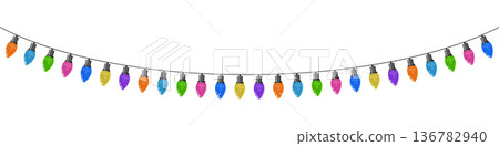 Bulbs on a string. Hanging light bulbs. Colorful light bulbs for decoration. Lights garland. Lights string decoration. Vector illustration Bulbs on a string. Hanging light bulbs. Colorful light bulbs for decoration. Lights garland. Lights string decoration. Vector illustration 136782940