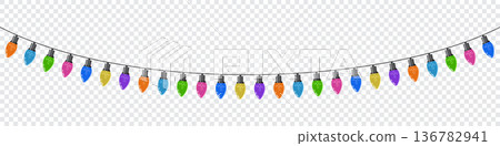 Bulbs on a string. Hanging light bulbs. Colorful light bulbs for decoration. Lights garland. Lights string decoration. Vector illustration Bulbs on a string. Hanging light bulbs. Colorful light bulbs for decoration. Lights garland. Lights string decoration. Vector illustration 136782941