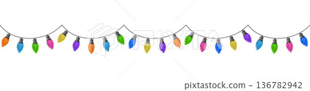 Bulbs on a string. Hanging light bulbs. Colorful light bulbs for decoration. Lights garland. Lights string decoration. Vector illustration Bulbs on a string. Hanging light bulbs. Colorful light bulbs for decoration. Lights garland. Lights string decoration. Vector illustration 136782942