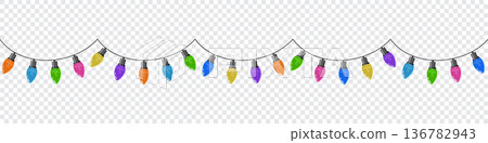 Bulbs on a string. Hanging light bulbs. Colorful light bulbs for decoration. Lights garland. Lights string decoration. Vector illustration Bulbs on a string. Hanging light bulbs. Colorful light bulbs for decoration. Lights garland. Lights string decoration. Vector illustration 136782943
