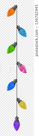 Bulbs on a string. Hanging light bulbs. Colorful light bulbs for decoration. Lights garland. Lights string decoration. Vector illustration Bulbs on a string. Hanging light bulbs. Colorful light bulbs for decoration. Lights garland. Lights string decoration. Vector illustration 136782945