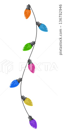 Bulbs on a string. Hanging light bulbs. Colorful light bulbs for decoration. Lights garland. Lights string decoration. Vector illustration Bulbs on a string. Hanging light bulbs. Colorful light bulbs for decoration. Lights garland. Lights string decoration. Vector illustration 136782946