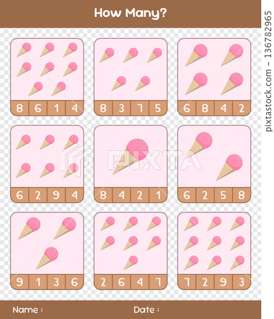 Count the number of ice creams. Educational mathematical game. Counting game for children. Kids activity sheet. Template for how many 136782965