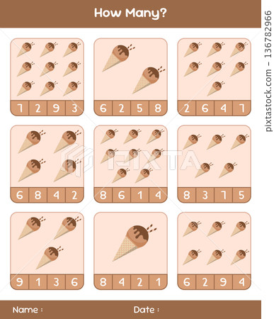 Count the number of ice creams. Educational mathematical game. Counting game for children. Kids activity sheet. Template for how many Count the number of ice creams. Educational mathematical game. Counting game for children. Kids activity sheet. Template for how many 136782966