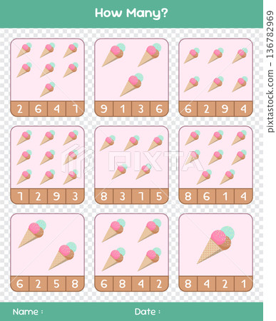 Count the number of ice creams. Educational mathematical game. Counting game for children. Kids activity sheet. Template for how many 136782969
