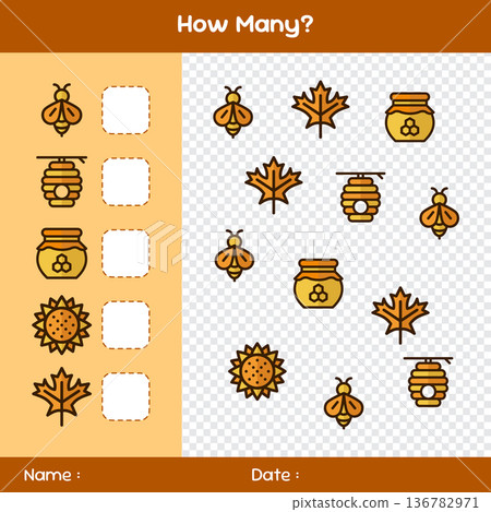 Count how many objects. Counting game with flowers, leaves, and bees. Educational mathematical game. Counting game for children. Kids activity sheet. Template for how many Count how many objects. Counting game with flowers, leaves, and bees. Educational mathematical game. Counting game for children. Kids activity sheet. Template for how many 136782971