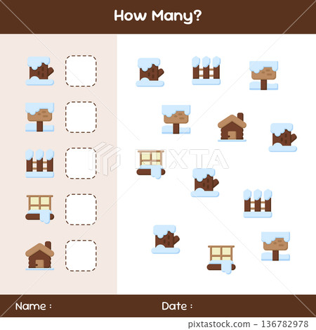 Count how many objects. Counting game on winter theme. Educational mathematical game. Counting game for children. Template for how many 136782978