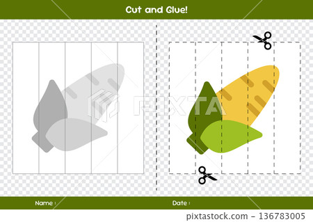 Cut and glue of corns. Education paper game for kids. Glue game for kids. Educational children's game. Template for cut and glue 136783005