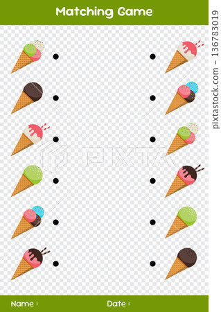 Match of ice creams. Connect the same ice creams. Matching educational game. Educational children's game. Kids activity sheet Match of ice creams. Connect the same ice creams. Matching educational game. Educational children's game. Kids activity sheet 136783019