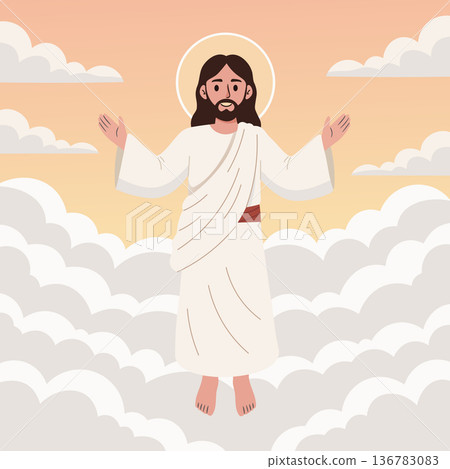 Majestic vector illustration of jesus christ floating in heavenly clouds with a glowing halo, representing faith, christianity, and divine presence 136783083