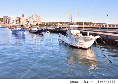 Colorful fishing boats moored at Katase Fishing Port Colorful fishing boats moored at Katase Fishing Port 136783111