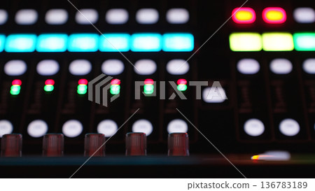 Mixing Console Closeup, Control Panel Out Of Focus. Studio Background, Audio Technology. Copy space 136783189