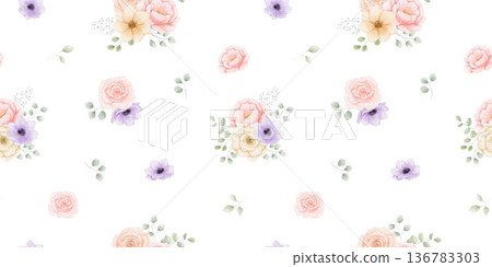 Seamless floral pattern, repeating romantic background with watercolour violet and pink bouquets Seamless floral pattern, repeating romantic background with watercolour violet and pink bouquets 136783303