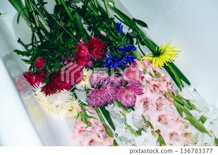 Various colorful flowers with long green stems lie inside white bathtub filled with water. Flower arranging, home-based craft, floral design tutorial, creative wellness, slow living hobbies. Various colorful flowers with long green stems lie inside white bathtub filled with water. Flower arranging, home-based craft, floral design tutorial, creative wellness, slow living hobbies. 136783377