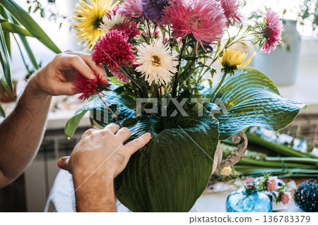 Hands of man arrange vibrant aster flowers and large hosta leaves in decorative vase. Biophilia hypothesis, mental restoration, nature-assisted therapy, male psychological resilience. 136783379