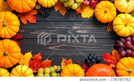 Pumpkins and autumn leaves create a festive October harvest display with orange gourds and seasonal squash from the farm patch for Thanksgiving and Halloween holiday decorations Pumpkins and autumn leaves create a festive October harvest display with orange gourds and seasonal squash from the farm patch for Thanksgiving and Halloween holiday decorations 136783762