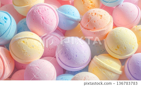 A festive collection of colorful Easter eggs and sweet candy decorations rests on a plate and in a bowl as a traditional spring holiday symbol of this seasonal celebration 136783783