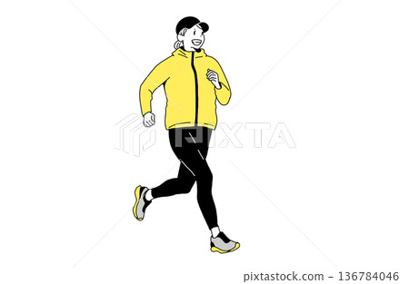 一幅女性跑步的插畫。慢跑和健康的生活方式。手繪向量素材。 136784046