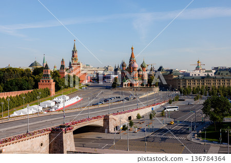 View of Red Square and Saint Basil's Cathedral in Moscow during a clear day in early autumn View of Red Square and Saint Basil's Cathedral in Moscow during a clear day in early autumn 136784364