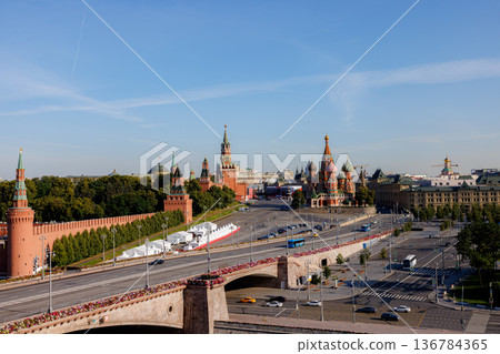 Kremlin and Red Square in Moscow on a sunny day with clear blue skies and empty streets 136784365