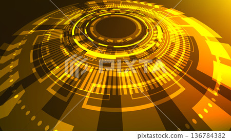 Abstract golden futuristic technology background with glowing HUD interface elements and concentric circular data rings on a vibrant amber gradient for digital innovation concepts 136784382