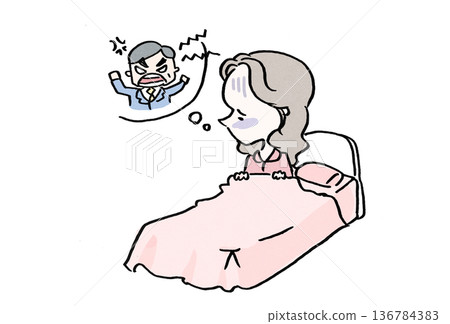 一位憂鬱的女性因為想起她憤怒的老闆而不想去上班(職場騷擾、拒絕上班、心理健康插畫) 一位憂鬱的女性因為想起她憤怒的老闆而不想去上班(職場騷擾、拒絕上班、心理健康插畫) 136784383