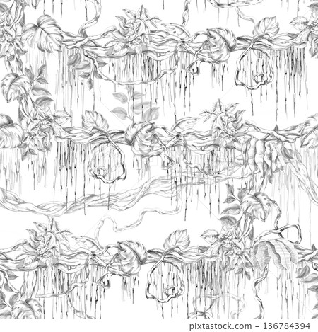 Seamless pattern featuring horizontal vines entwined with leaves. Isolated illustration for botanical branding, travel brochures, organic products, and natural cosmetics. 136784394