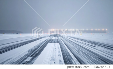 A fast car driving on a winter night blurrs past the empty asphalt of a Chicago highway transportation landscape under a dark sky A fast car driving on a winter night blurrs past the empty asphalt of a Chicago highway transportation landscape under a dark sky 136784494