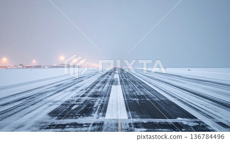 A fast car driving on a winter night blurrs past the empty asphalt of a Chicago highway transportation landscape under a dark sky A fast car driving on a winter night blurrs past the empty asphalt of a Chicago highway transportation landscape under a dark sky 136784496