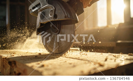 An industrial worker using a vintage grinder machine to cut through old steel tracks and heavy iron equipment at a railway construction factory An industrial worker using a vintage grinder machine to cut through old steel tracks and heavy iron equipment at a railway construction factory 136784546