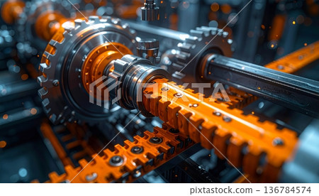 Powerful steel gear wheels and industrial cogs drive the manufacturing production of heavy machinery and engine equipment inside a modern technology factory Powerful steel gear wheels and industrial cogs drive the manufacturing production of heavy machinery and engine equipment inside a modern technology factory 136784574