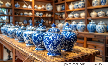 Traditional handmade ceramic pottery and brown earthenware jugs are displayed as ancient craft decorations on a Parisian street shop sidewalk Traditional handmade ceramic pottery and brown earthenware jugs are displayed as ancient craft decorations on a Parisian street shop sidewalk 136784580