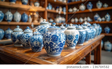 Traditional handmade ceramic pottery and brown earthenware jugs are displayed as ancient craft decorations on a Parisian street shop sidewalk Traditional handmade ceramic pottery and brown earthenware jugs are displayed as ancient craft decorations on a Parisian street shop sidewalk 136784582