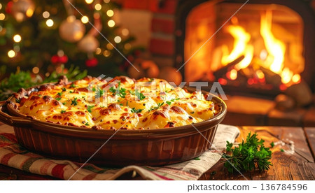 A delicious baked Christmas cake topped with fresh nuts, raisins, and candles is served on a festive restaurant table as a healthy holiday meal A delicious baked Christmas cake topped with fresh nuts, raisins, and candles is served on a festive restaurant table as a healthy holiday meal 136784596