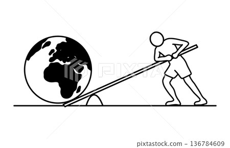 line art showing a person using a lever to move the Earth. Concept of effort, leverage, global impact, teamwork, sustainability, problem solving, strength, and achieving big goals with smart strategy 136784609