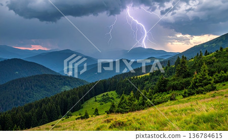 Scenic summer panorama of the alpine mountain range featuring snow peaks and a green forest valley under a cloudy blue sky in the European Alps Scenic summer panorama of the alpine mountain range featuring snow peaks and a green forest valley under a cloudy blue sky in the European Alps 136784615
