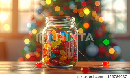 A glass jar filled with sweet red and green candy snacks sits on a rustic wooden table alongside preserved bottled vegetables and pickled glass containers 136784687