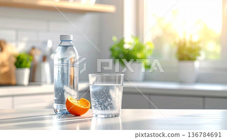 Fresh healthy orange juice in a transparent glass with ice and mint sits on a white table as a cold refreshing beverage Fresh healthy orange juice in a transparent glass with ice and mint sits on a white table as a cold refreshing beverage 136784691