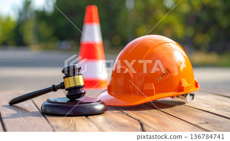 An orange plastic traffic cone stands as a 3d caution symbol on the street road to provide safety and warning near a construction work zone barrier 136784741