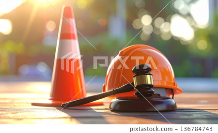 An orange plastic traffic cone stands as a 3d caution symbol on the street road to provide safety and warning near a construction work zone barrier 136784743