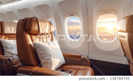 Empty business class airplane interior featuring rows of red leather seats and a clean transport cabin with nobody inside Empty business class airplane interior featuring rows of red leather seats and a clean transport cabin with nobody inside 136784745