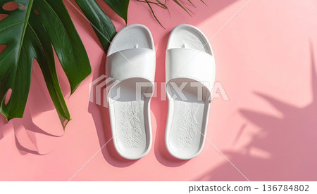 A closeup of a pair of pink baby shoes and slippers isolated on a clean white plate like a pharmaceutical object for heart health care treatment 136784802