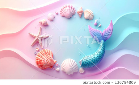 Vibrant abstract colorful floral background featuring butterflies and nature patterns with pink summer flowers, sea shells, and ocean water vectors for a decorative holiday card illustration art desig 136784809